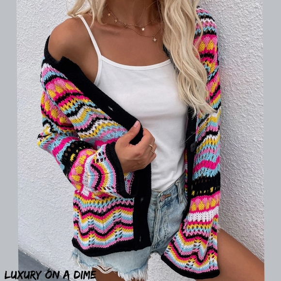 Luxury on a Dime Sweaters - Bright Chevron Stripe Openwork Knit Button Front Long Sleeve Retro Cardigan Pink